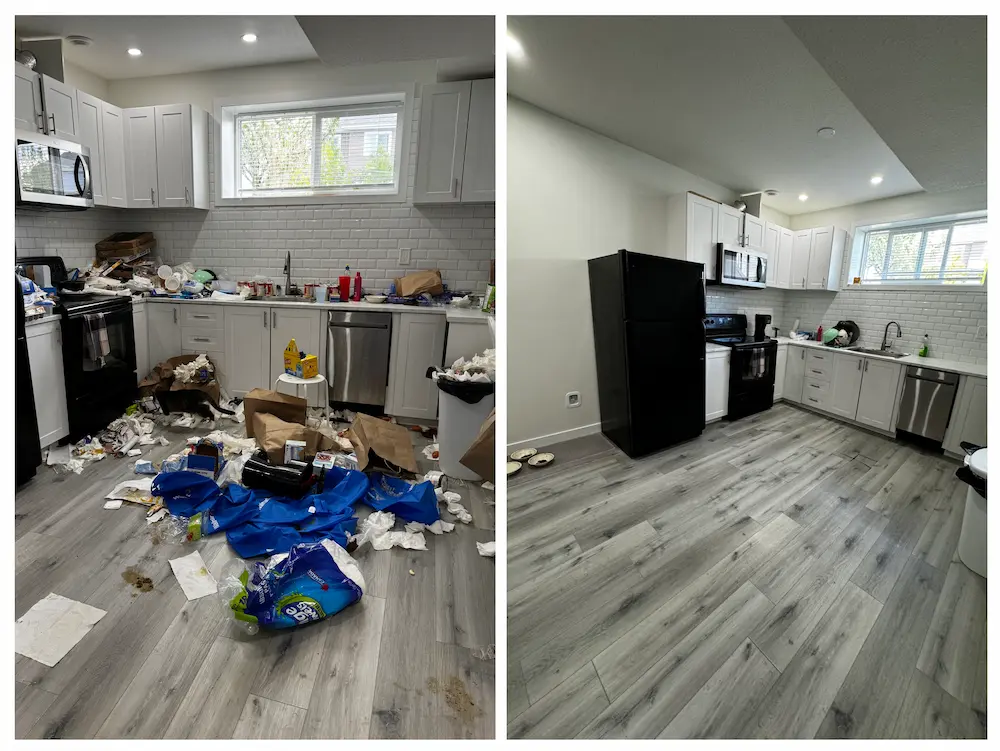 Before and after photos of a house that is dirty with garbage everywhere to after Farwest Cleaners cleaned the house. There is no garbage and everything is spotless.
